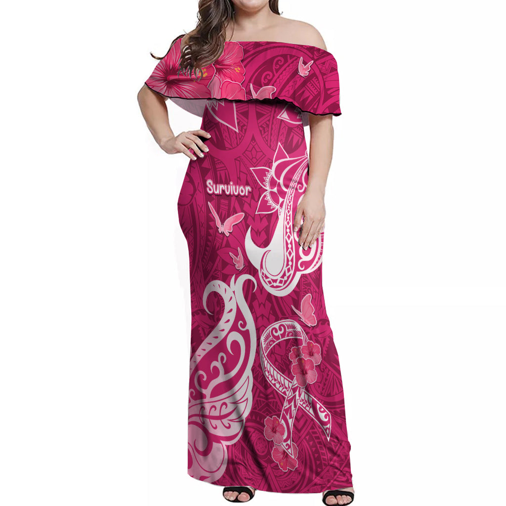 Breast Cancer Awareness Off Shoulder Maxi Dress Ribbon Polynesian Pattern Pink Version LT05 Women Pink - Polynesian Pride