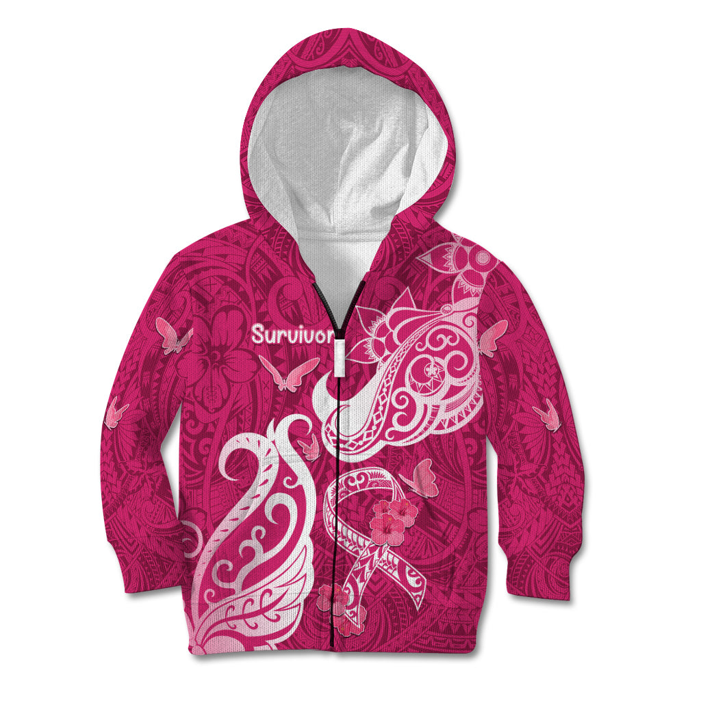 Personalized Breast Cancer Awareness Kid Hoodie Ribbon Polynesian Pattern Pink Version LT05 Zip Hoodie Pink - Polynesian Pride