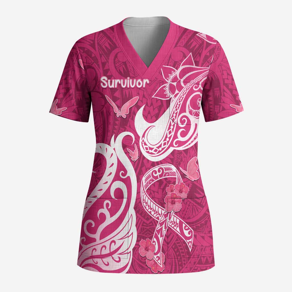 Personalized Breast Cancer Awareness Scrub Top Ribbon Polynesian Pattern Pink Version - Polynesian Pride