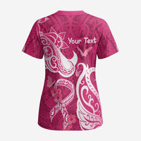 Personalized Breast Cancer Awareness Scrub Top Ribbon Polynesian Pattern Pink Version - Polynesian Pride