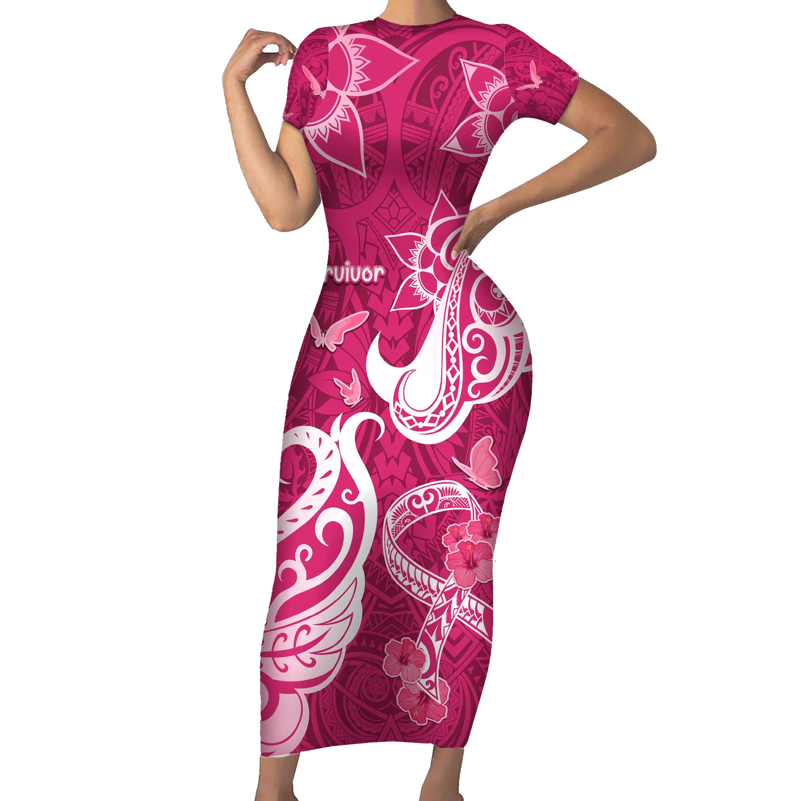 Personalized Breast Cancer Awareness Short Sleeve Bodycon Dress Ribbon Polynesian Pattern Pink Version LT05 Long Dress Pink - Polynesian Pride