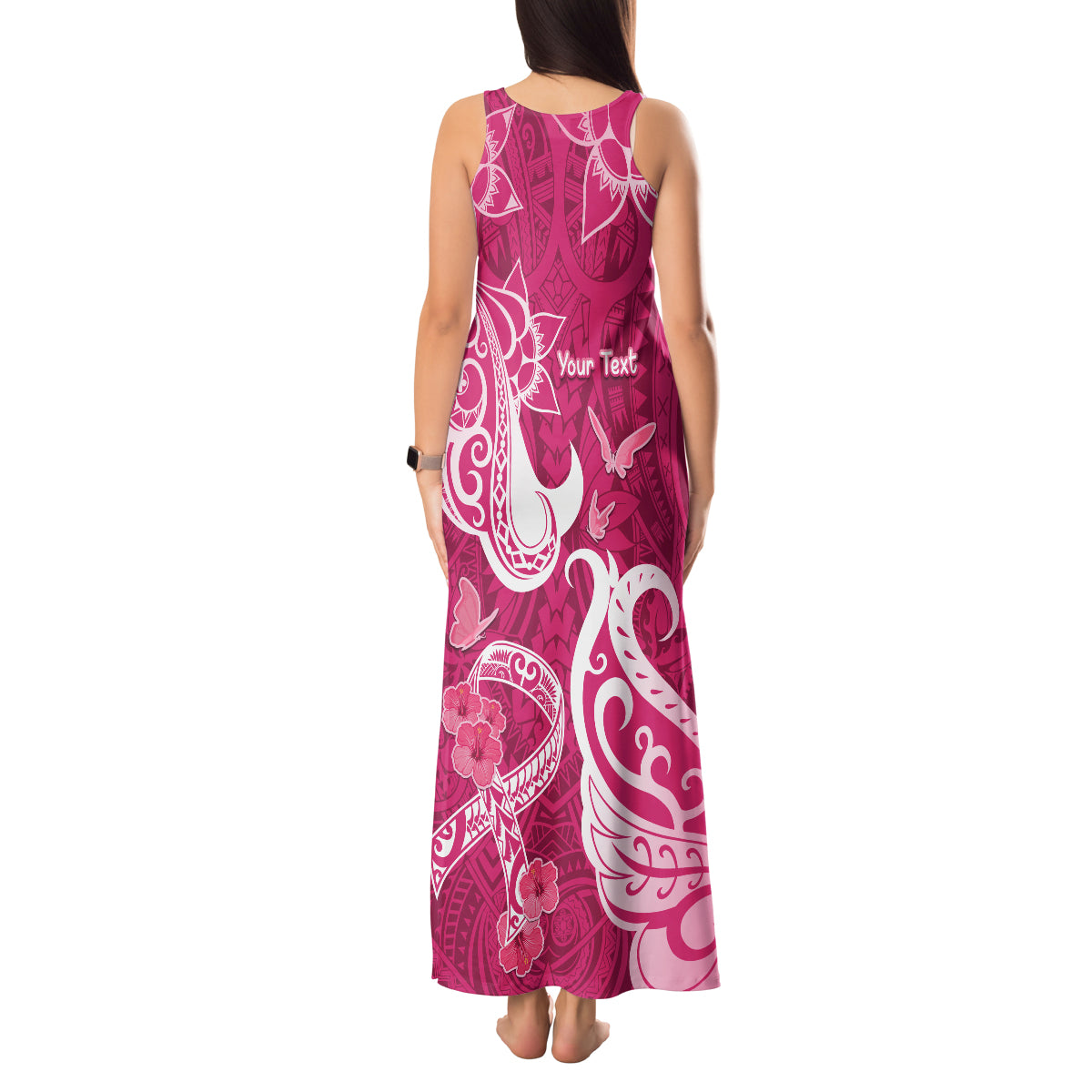 Personalized Breast Cancer Awareness Tank Maxi Dress Ribbon Polynesian Pattern Pink Version LT05 - Polynesian Pride