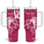 Personalized Breast Cancer Awareness Tumbler With Handle Ribbon Polynesian Pattern Pink Version