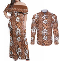 Hawaii Vintage Brown Hibiscus Tapa Pattern Couples Matching Off Shoulder Maxi Dress and Long Sleeve Button Shirt