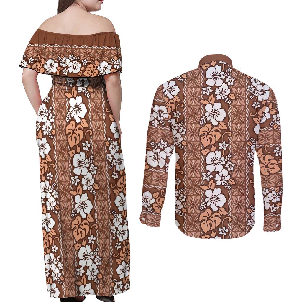 Hawaii Vintage Brown Hibiscus Tapa Pattern Couples Matching Off Shoulder Maxi Dress and Long Sleeve Button Shirt