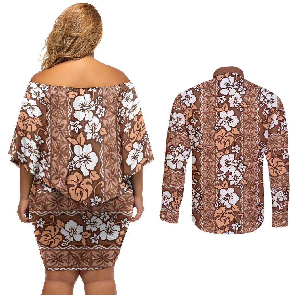 Hawaii Vintage Brown Hibiscus Tapa Pattern Couples Matching Off Shoulder Short Dress and Long Sleeve Button Shirt