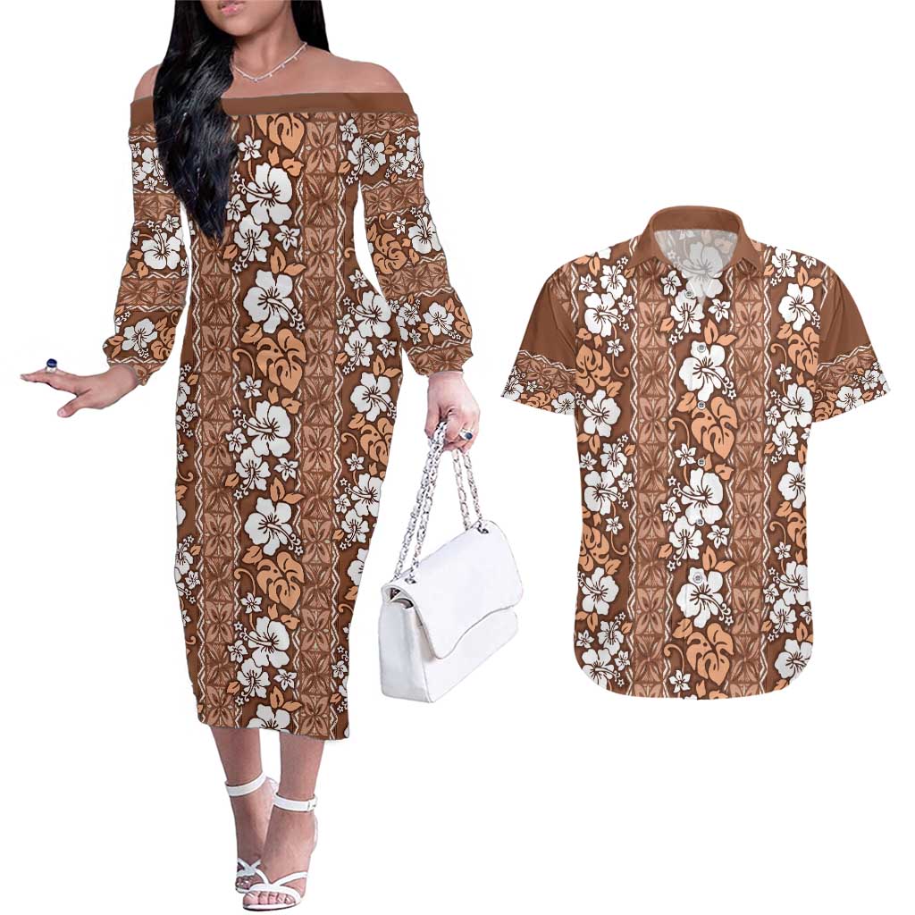 Hawaii Vintage Brown Hibiscus Tapa Pattern Couples Matching Off The Shoulder Long Sleeve Dress and Hawaiian Shirt