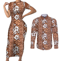 Hawaii Vintage Brown Hibiscus Tapa Pattern Couples Matching Short Sleeve Bodycon Dress and Long Sleeve Button Shirt