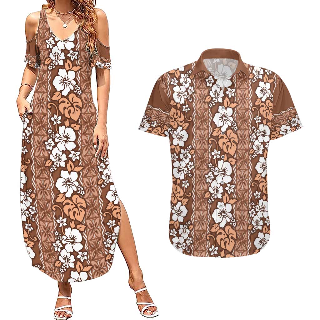 Hawaii Vintage Brown Hibiscus Tapa Pattern Couples Matching Summer Maxi Dress and Hawaiian Shirt