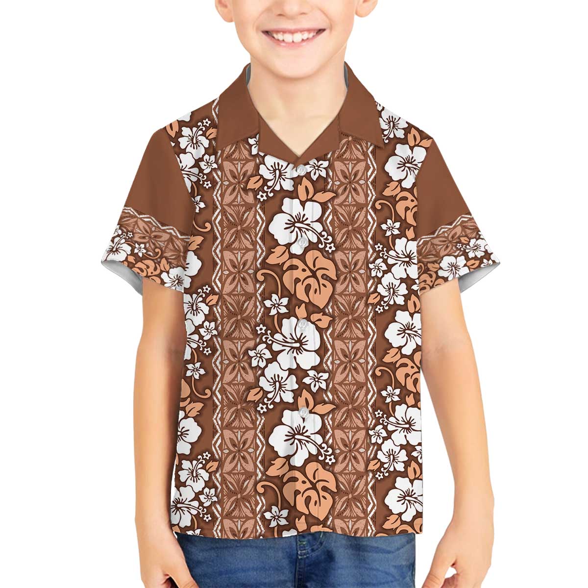 Hawaii Vintage Brown Hibiscus Tapa Pattern Family Matching Off The Shoulder Long Sleeve Dress and Hawaiian Shirt