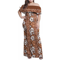 Hawaii Vintage Brown Hibiscus Tapa Pattern Family Matching Off Shoulder Maxi Dress and Hawaiian Shirt