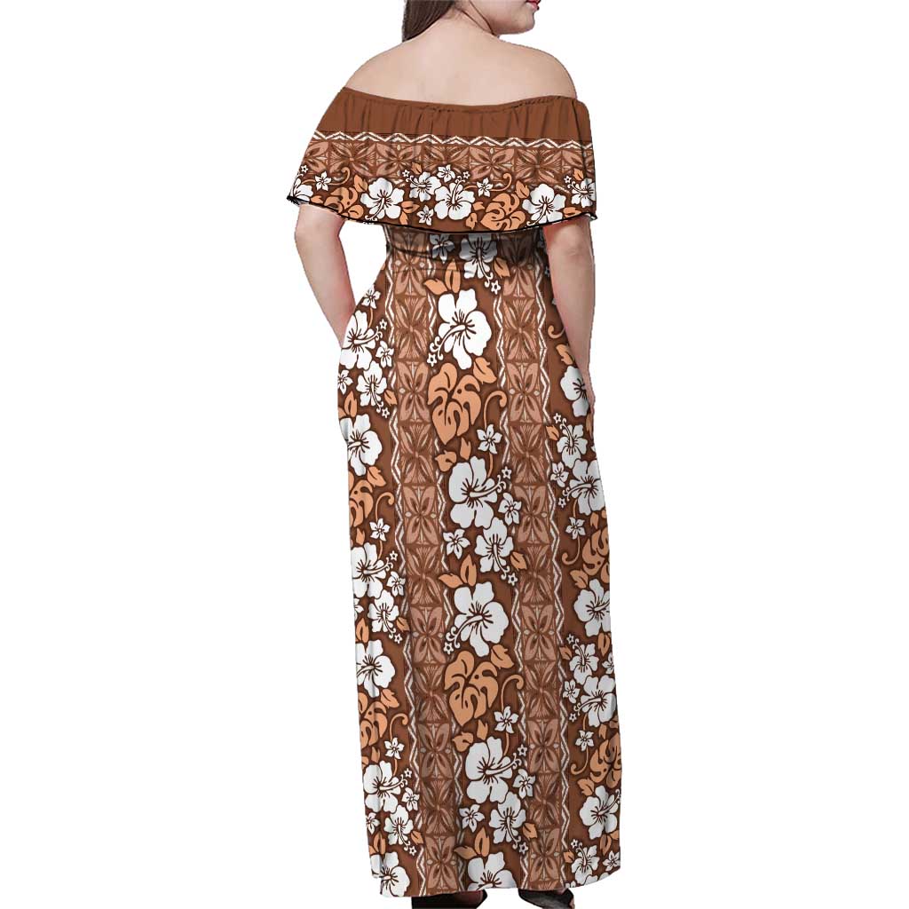 Hawaii Vintage Brown Hibiscus Tapa Pattern Family Matching Off Shoulder Maxi Dress and Hawaiian Shirt