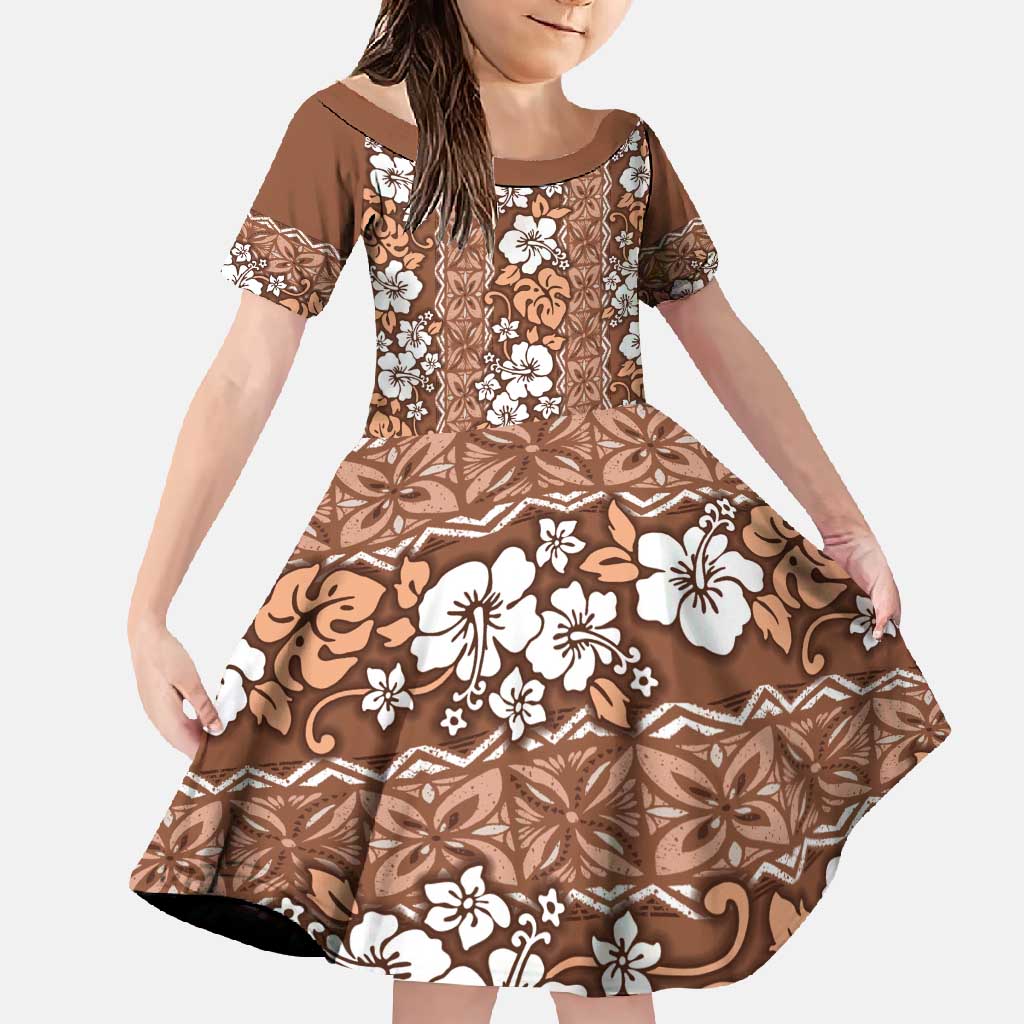 Hawaii Vintage Brown Hibiscus Tapa Pattern Family Matching Short Sleeve Bodycon Dress and Hawaiian Shirt