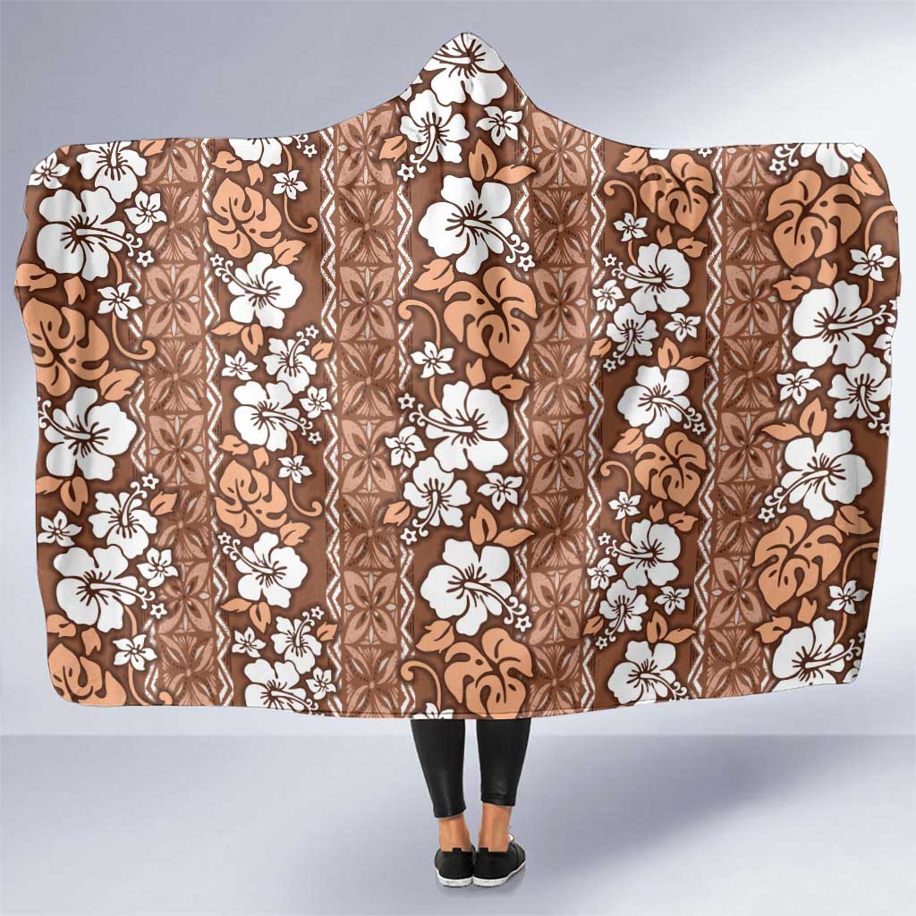 Hawaii Vintage Brown Hibiscus Tapa Pattern Hooded Blanket