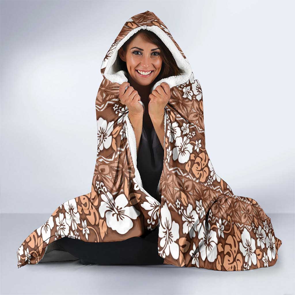 Hawaii Vintage Brown Hibiscus Tapa Pattern Hooded Blanket