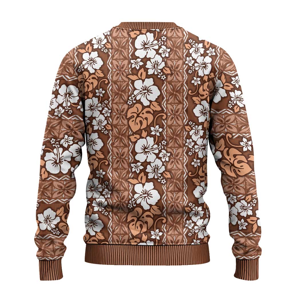 Hawaii Vintage Brown Hibiscus Tapa Pattern Ugly Christmas Sweater