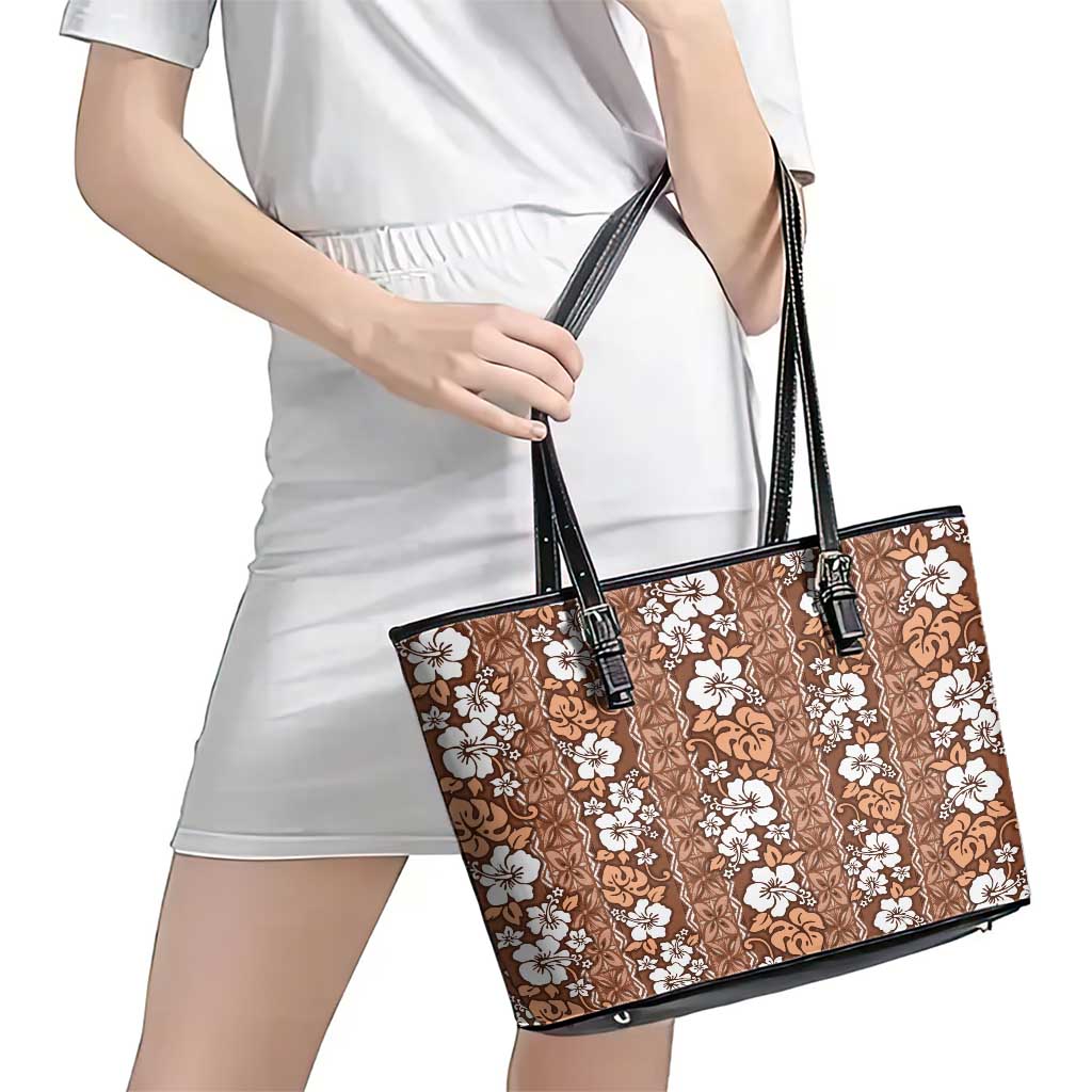 Hawaii Vintage Brown Hibiscus Tapa Pattern Leather Tote Bag LT05 - Polynesian Pride