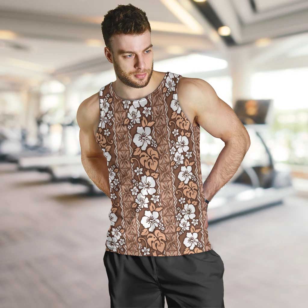 Hawaii Vintage Brown Hibiscus Tapa Pattern Men Tank Top