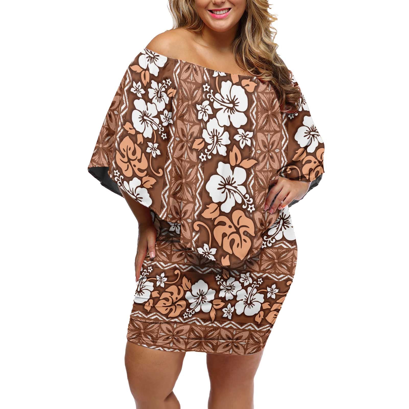 Hawaii Vintage Brown Hibiscus Tapa Pattern Off Shoulder Short Dress