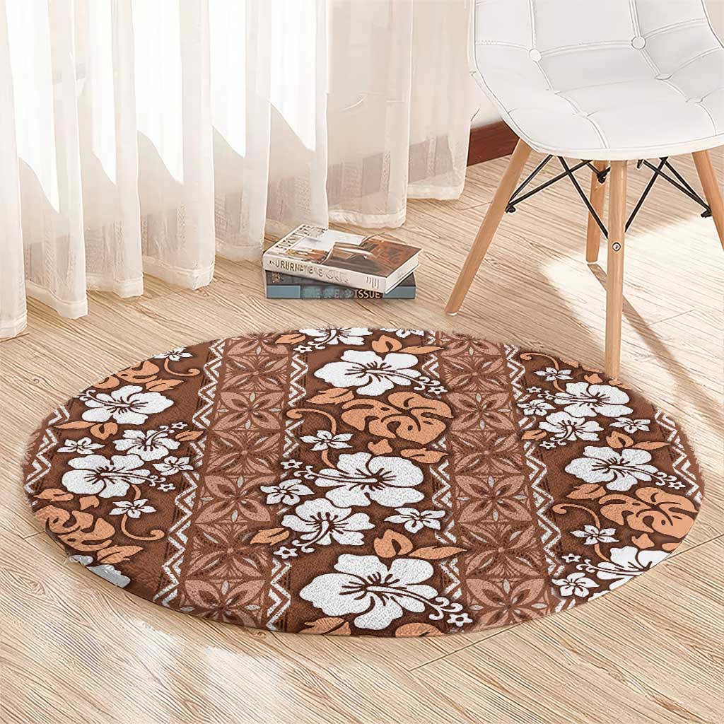 Hawaii Vintage Brown Hibiscus Tapa Pattern Round Carpet