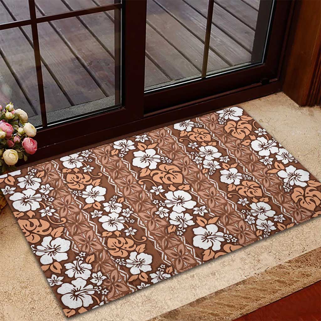 Hawaii Vintage Brown Hibiscus Tapa Pattern Rubber Doormat
