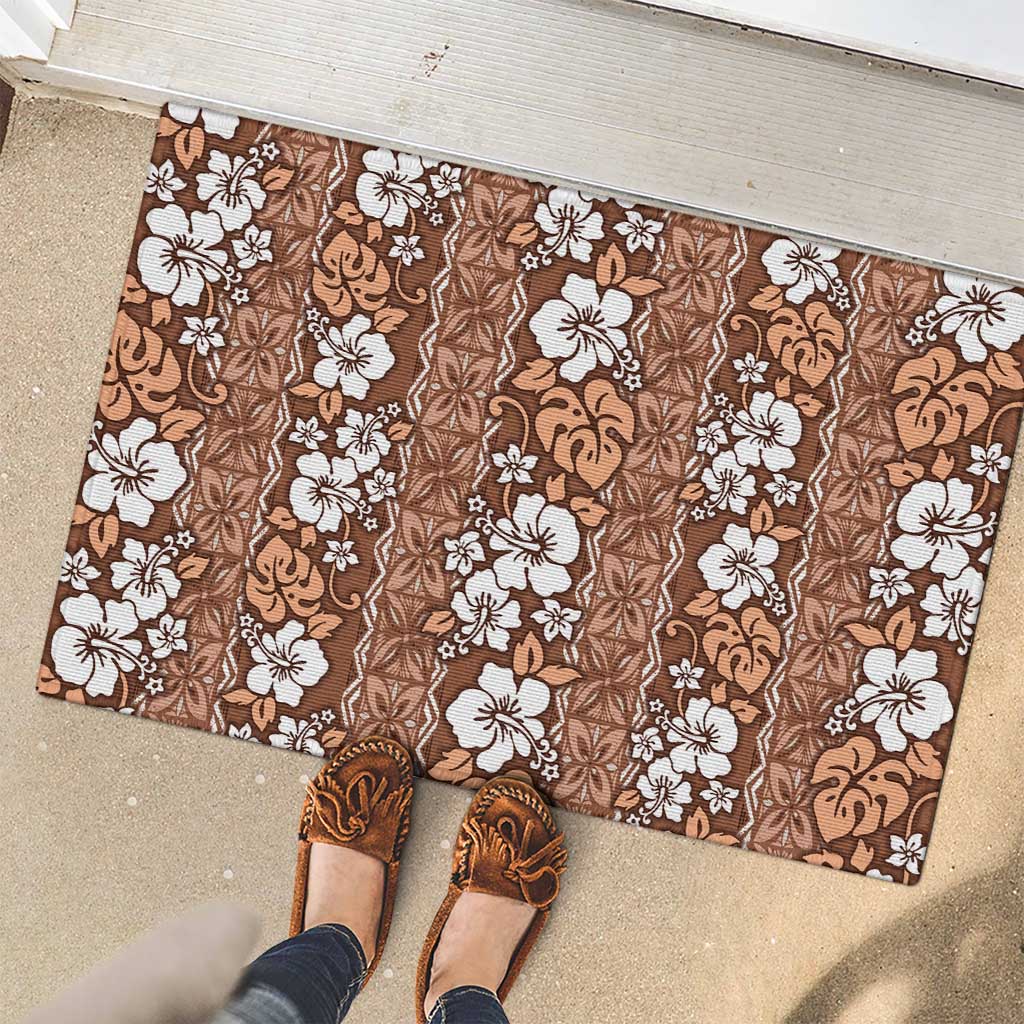 Hawaii Vintage Brown Hibiscus Tapa Pattern Rubber Doormat