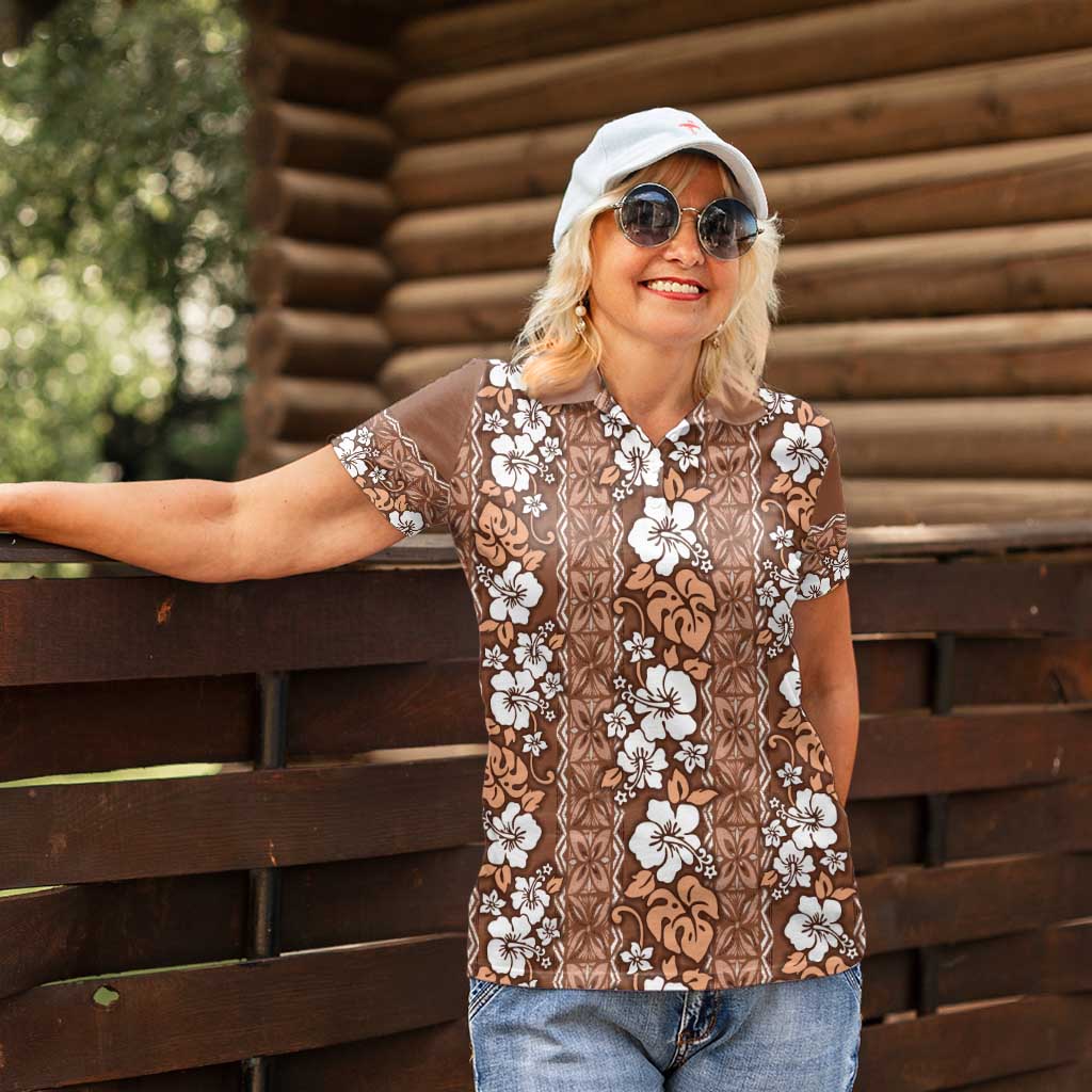 Hawaii Vintage Brown Hibiscus Tapa Pattern Women Polo Shirt