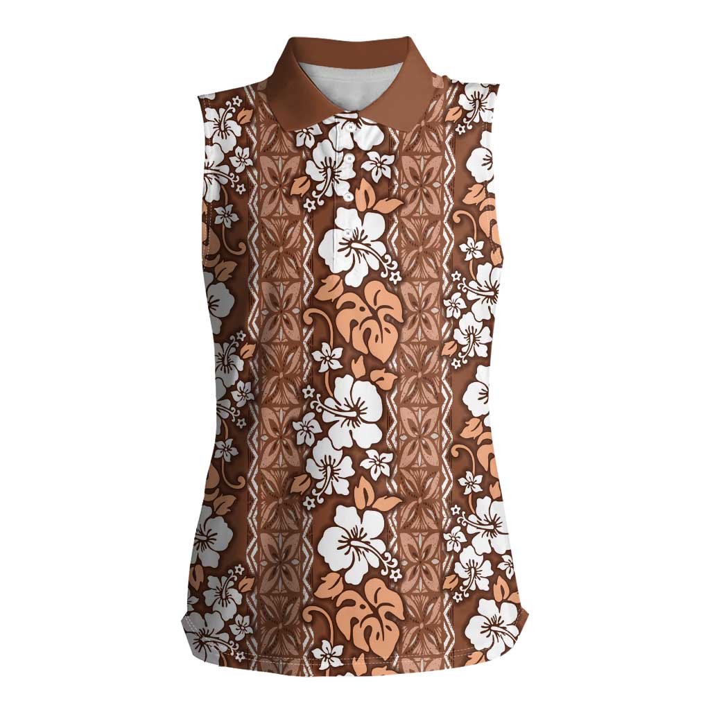 Hawaii Vintage Brown Hibiscus Tapa Pattern Women Sleeveless Polo Shirt LT05 Female Brown - Polynesian Pride