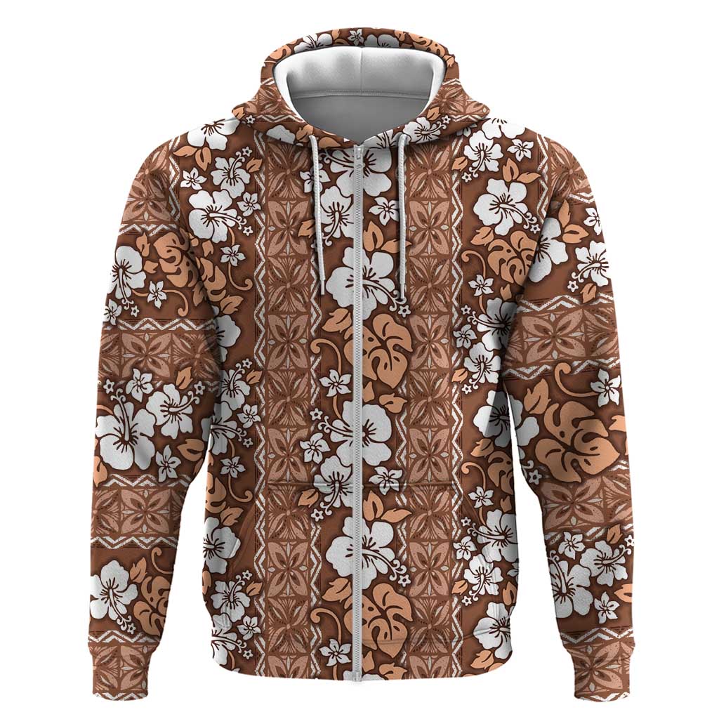 Hawaii Vintage Brown Hibiscus Tapa Pattern Zip Hoodie LT05 Zip Hoodie Brown - Polynesian Pride