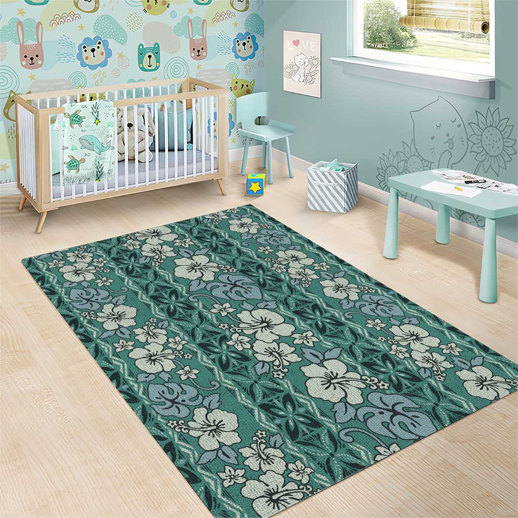 Hawaii Vintage Green Hibiscus Tapa Pattern Area Rug