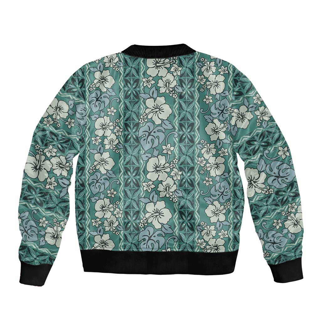 Hawaii Vintage Green Hibiscus Tapa Pattern Bomber Jacket