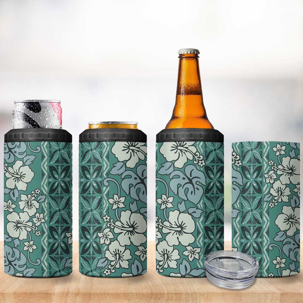 Hawaii Vintage Green Hibiscus Tapa Pattern 4 in 1 Can Cooler Tumbler