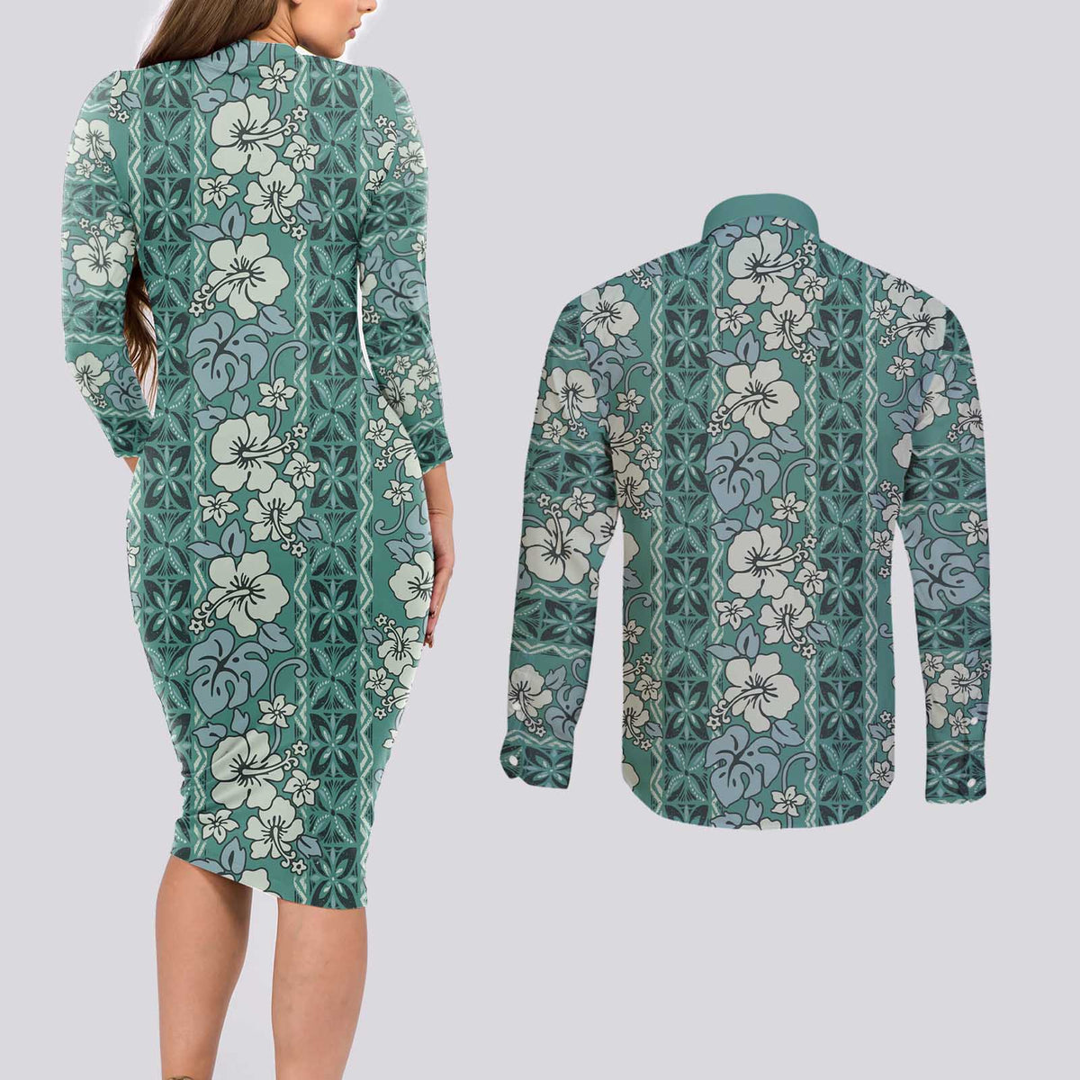 Hawaii Vintage Green Hibiscus Tapa Pattern Couples Matching Long Sleeve Bodycon Dress and Long Sleeve Button Shirt