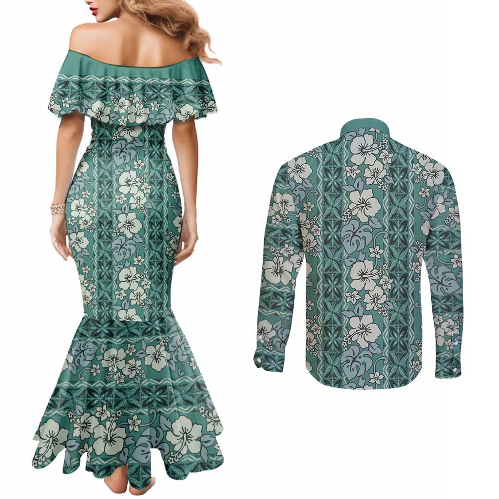 Hawaii Vintage Green Hibiscus Tapa Pattern Couples Matching Mermaid Dress and Long Sleeve Button Shirt