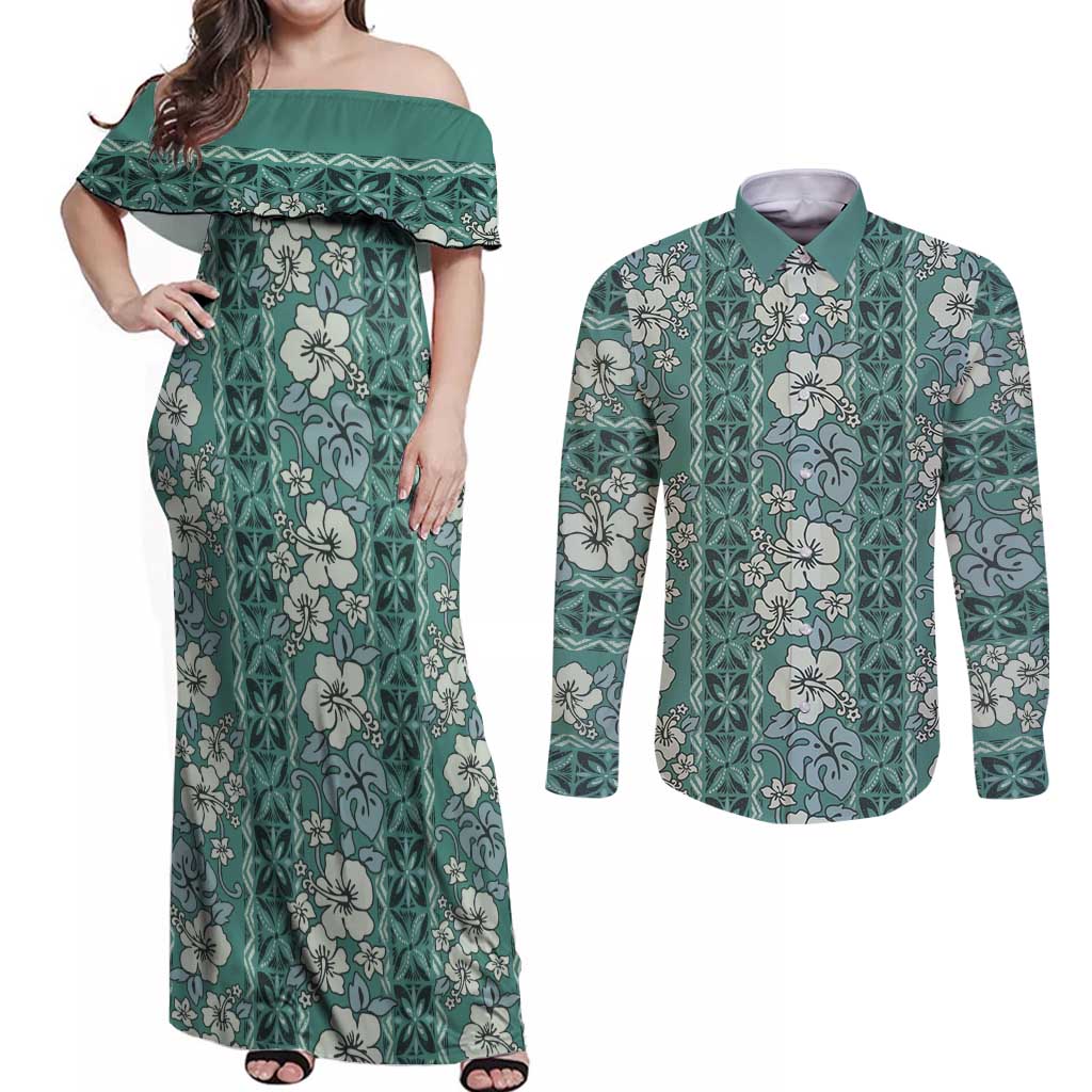 Hawaii Vintage Green Hibiscus Tapa Pattern Couples Matching Off Shoulder Maxi Dress and Long Sleeve Button Shirt