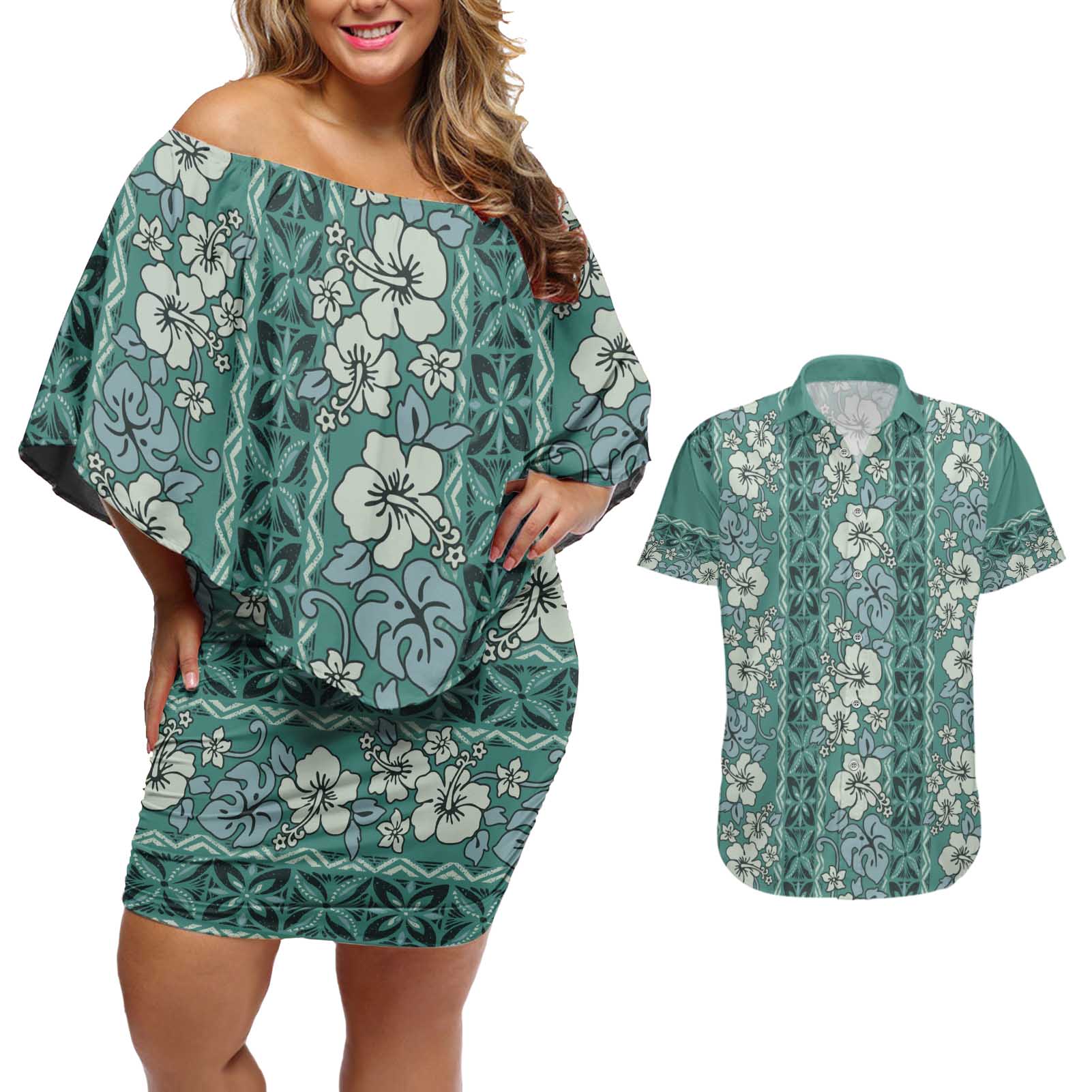 Hawaii Vintage Green Hibiscus Tapa Pattern Couples Matching Off Shoulder Short Dress and Hawaiian Shirt
