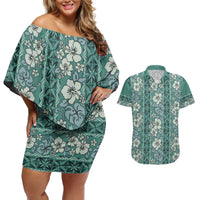 Hawaii Vintage Green Hibiscus Tapa Pattern Couples Matching Off Shoulder Short Dress and Hawaiian Shirt