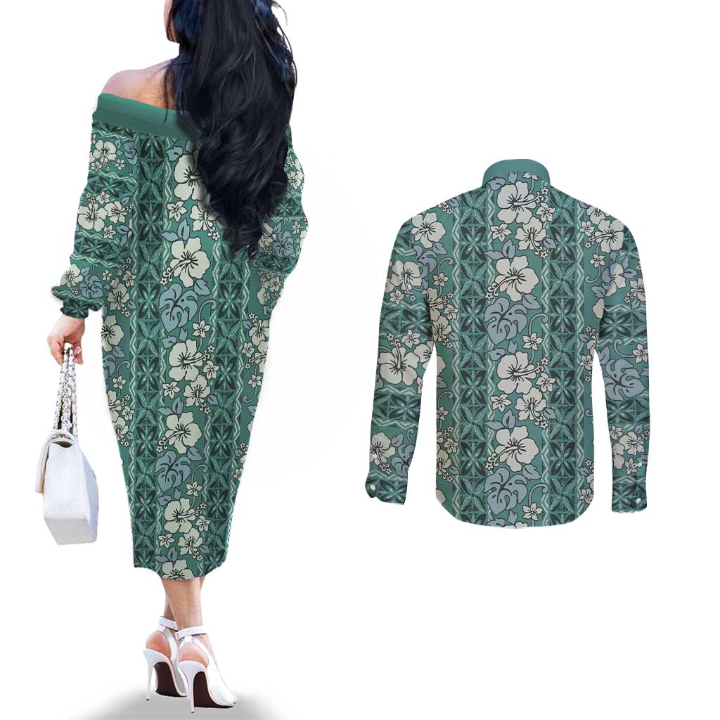 Hawaii Vintage Green Hibiscus Tapa Pattern Couples Matching Off The Shoulder Long Sleeve Dress and Long Sleeve Button Shirt