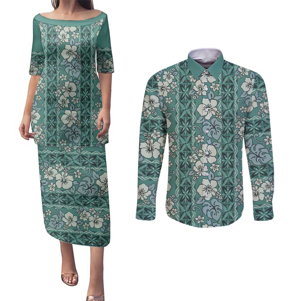 Hawaii Vintage Green Hibiscus Tapa Pattern Couples Matching Puletasi and Long Sleeve Button Shirt