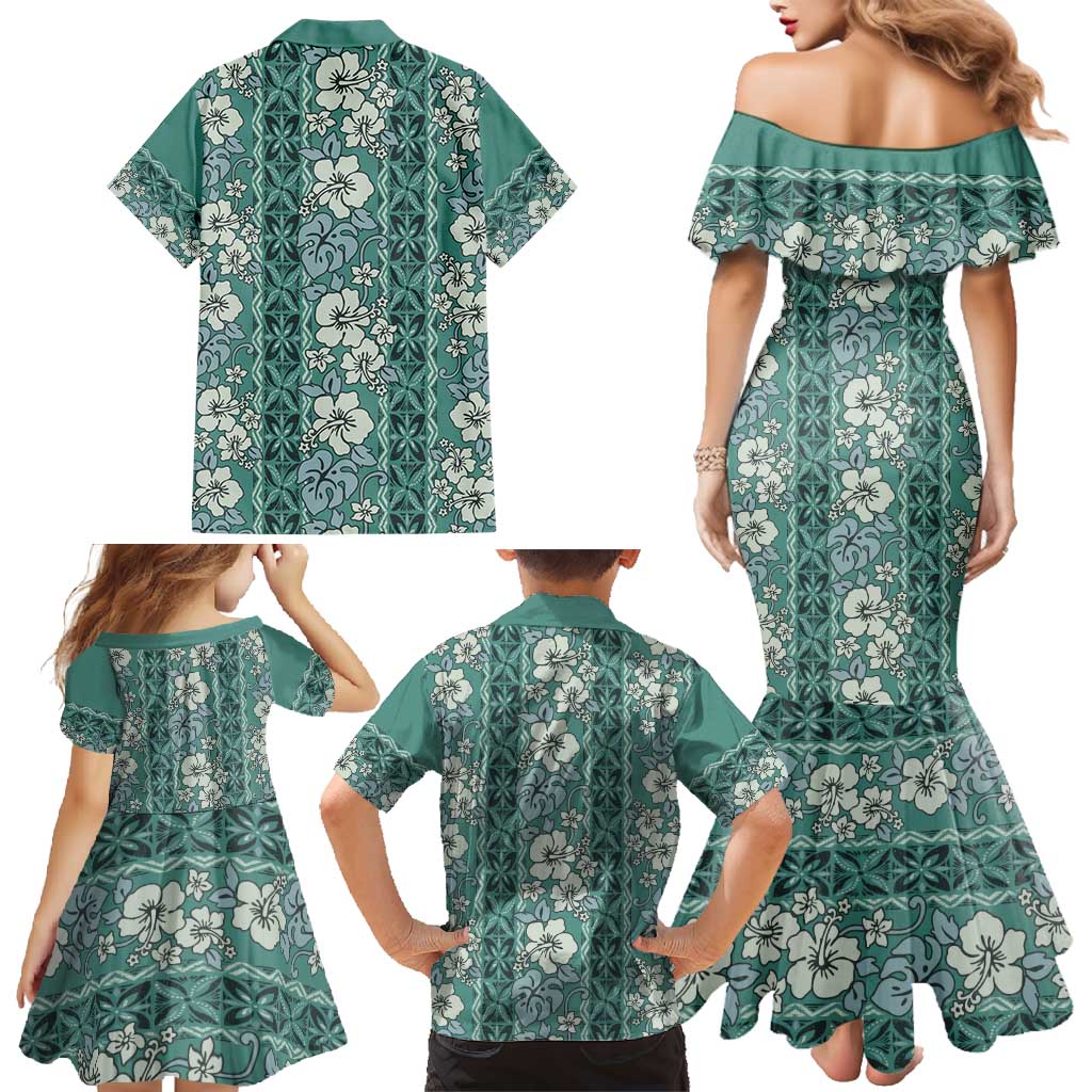 Hawaii Vintage Green Hibiscus Tapa Pattern Family Matching Mermaid Dress and Hawaiian Shirt