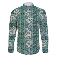 Hawaii Vintage Green Hibiscus Tapa Pattern Family Matching Off The Shoulder Long Sleeve Dress and Hawaiian Shirt