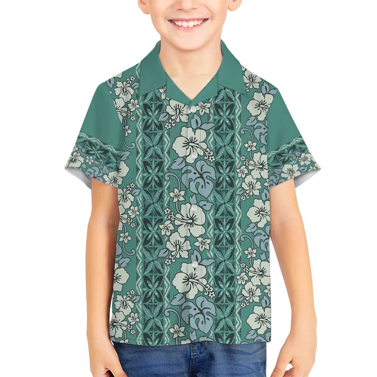 Hawaii Vintage Green Hibiscus Tapa Pattern Family Matching Off The Shoulder Long Sleeve Dress and Hawaiian Shirt