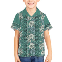 Hawaii Vintage Green Hibiscus Tapa Pattern Family Matching Off The Shoulder Long Sleeve Dress and Hawaiian Shirt