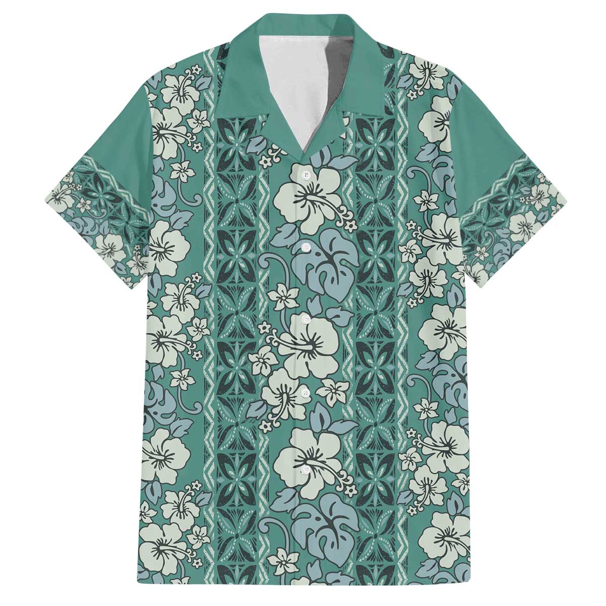 Hawaii Vintage Green Hibiscus Tapa Pattern Family Matching Off Shoulder Short Dress and Hawaiian Shirt