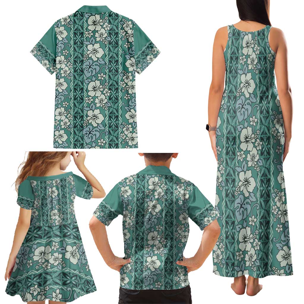 Hawaii Vintage Green Hibiscus Tapa Pattern Family Matching Tank Maxi Dress and Hawaiian Shirt