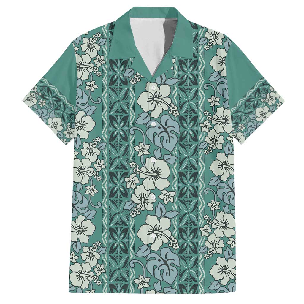 Hawaii Vintage Green Hibiscus Tapa Pattern Family Matching Tank Maxi Dress and Hawaiian Shirt