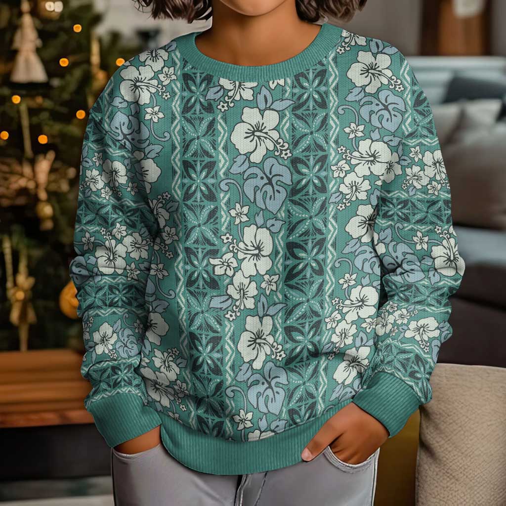 Hawaii Vintage Green Hibiscus Tapa Pattern Kid Ugly Christmas Sweater