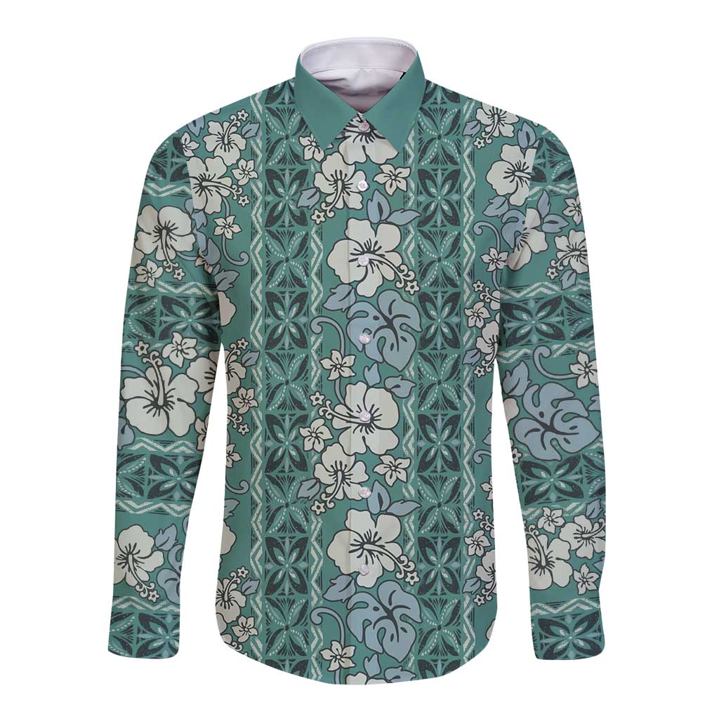Hawaii Vintage Green Hibiscus Tapa Pattern Long Sleeve Button Shirt LT05 Unisex Green - Polynesian Pride
