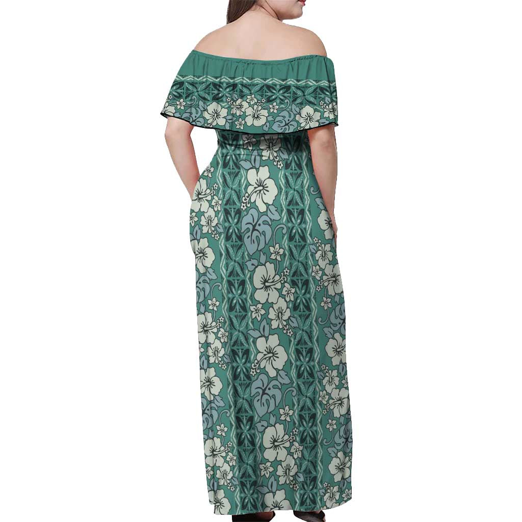 Hawaii Vintage Green Hibiscus Tapa Pattern Off Shoulder Maxi Dress