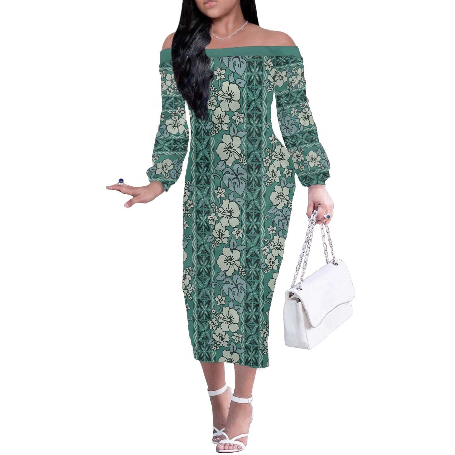 Hawaii Vintage Green Hibiscus Tapa Pattern Off The Shoulder Long Sleeve Dress